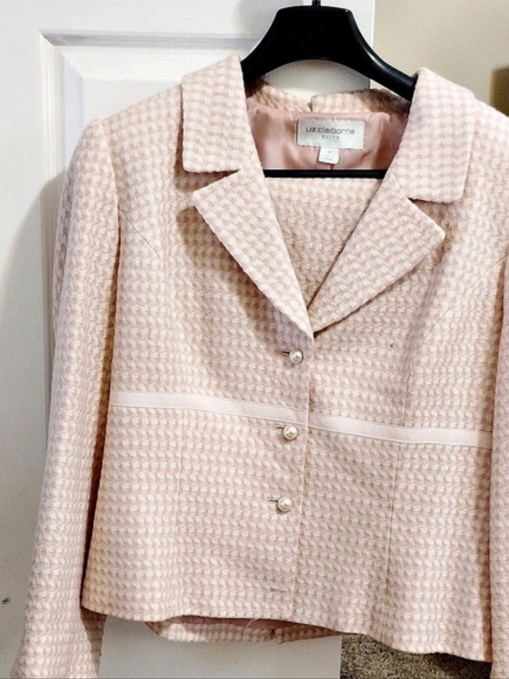 Liz Claiborne Pink Houndstooth Blazer Suit Set Size 14 Like New